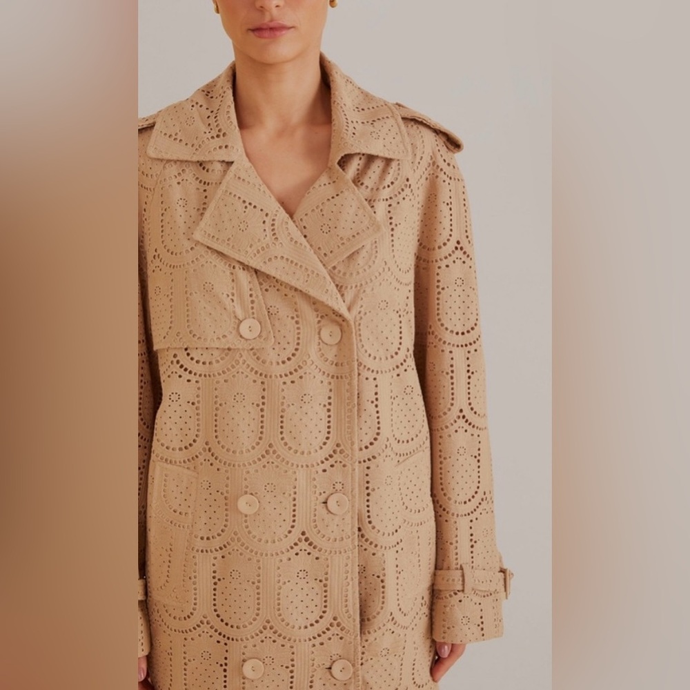 NWOT FARM Rio Pineapple Cotton Eyelet Trench Coat Size XL in Tan - Picture 3 of 15